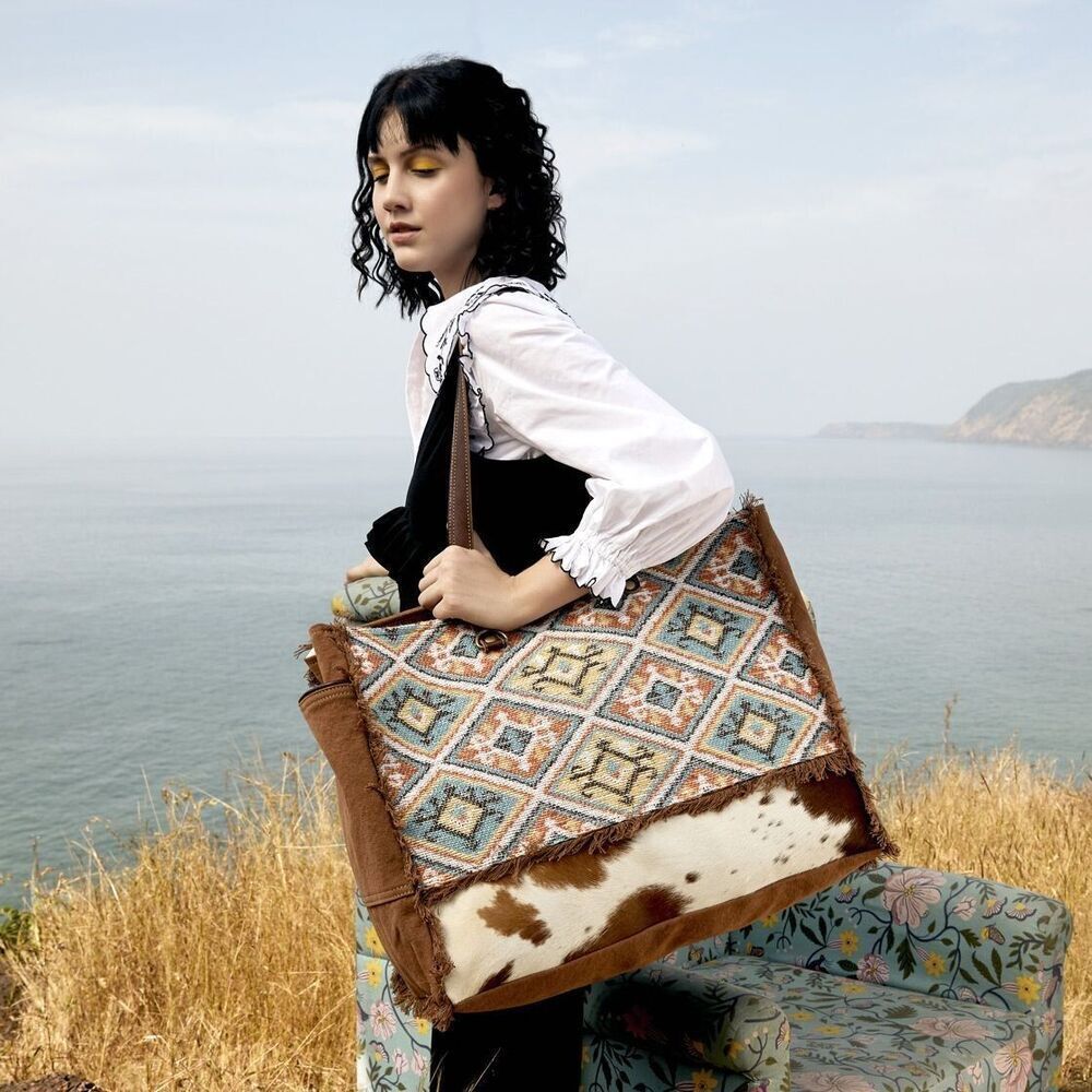 Myra Bag Handmade Ambrose Weekender Bag Upcycled Canvas & Cowhide Leather